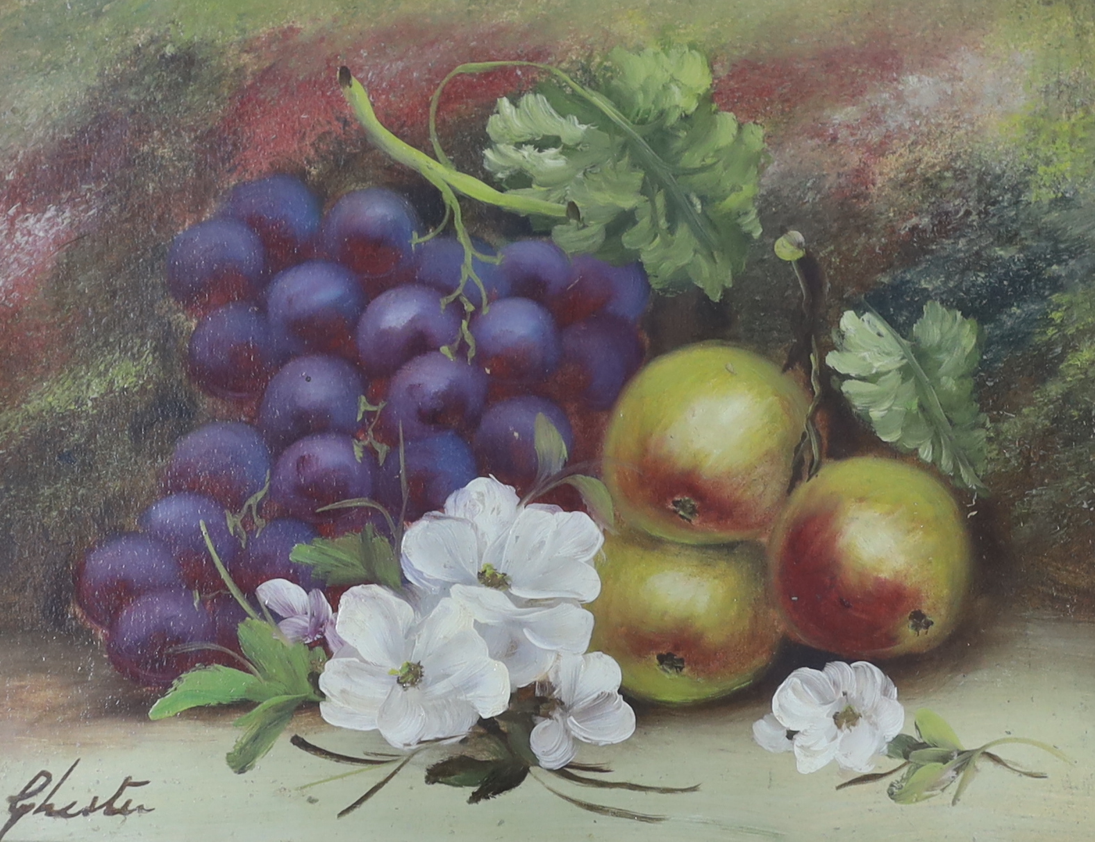 E. Ghist, pair of oils on board, Still lifes of fruit and flowers, each signed, 23 x 32cm